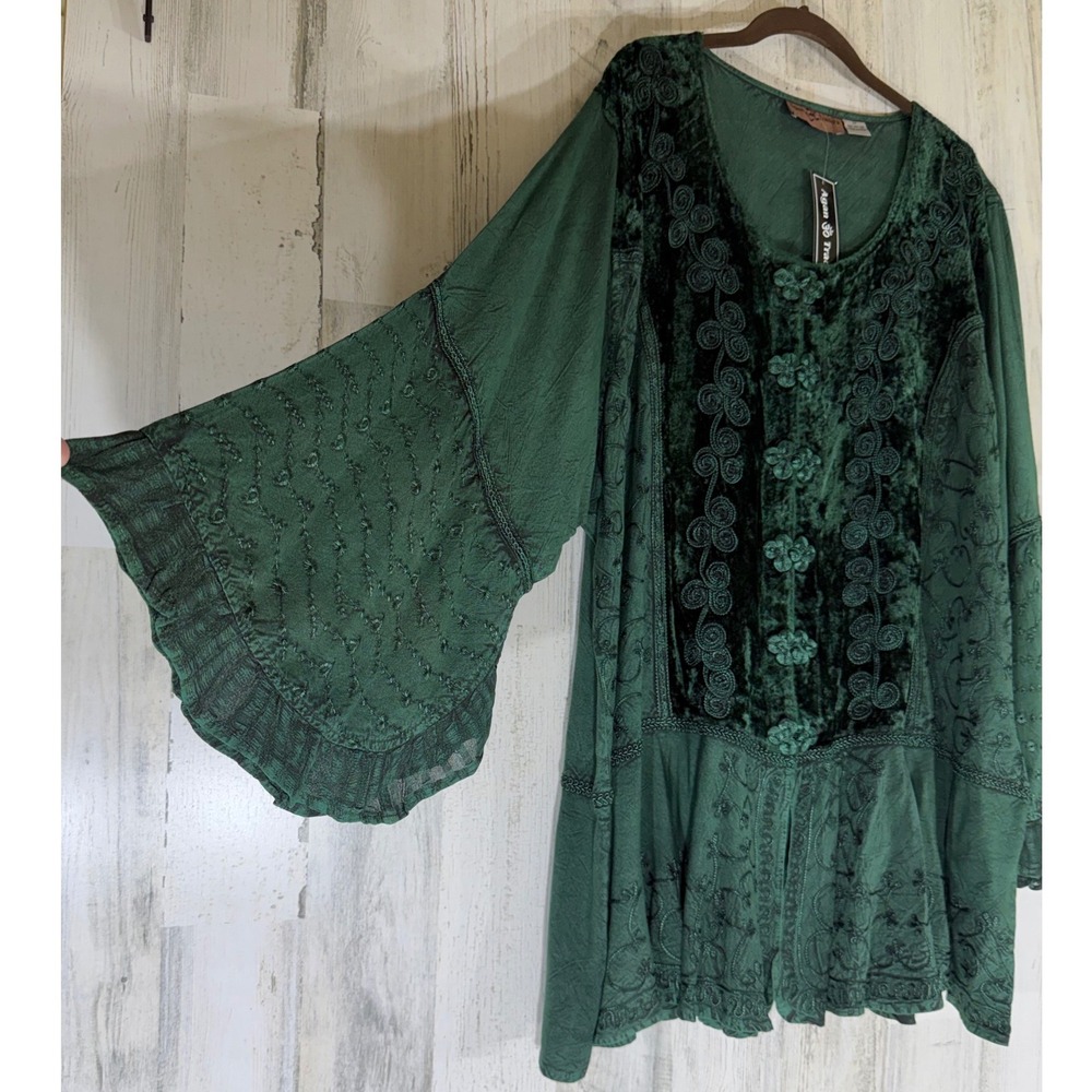 Agan Traders Tunic 3X Green Velvet Embroidered Boho Renaissance Whimsigoth New
